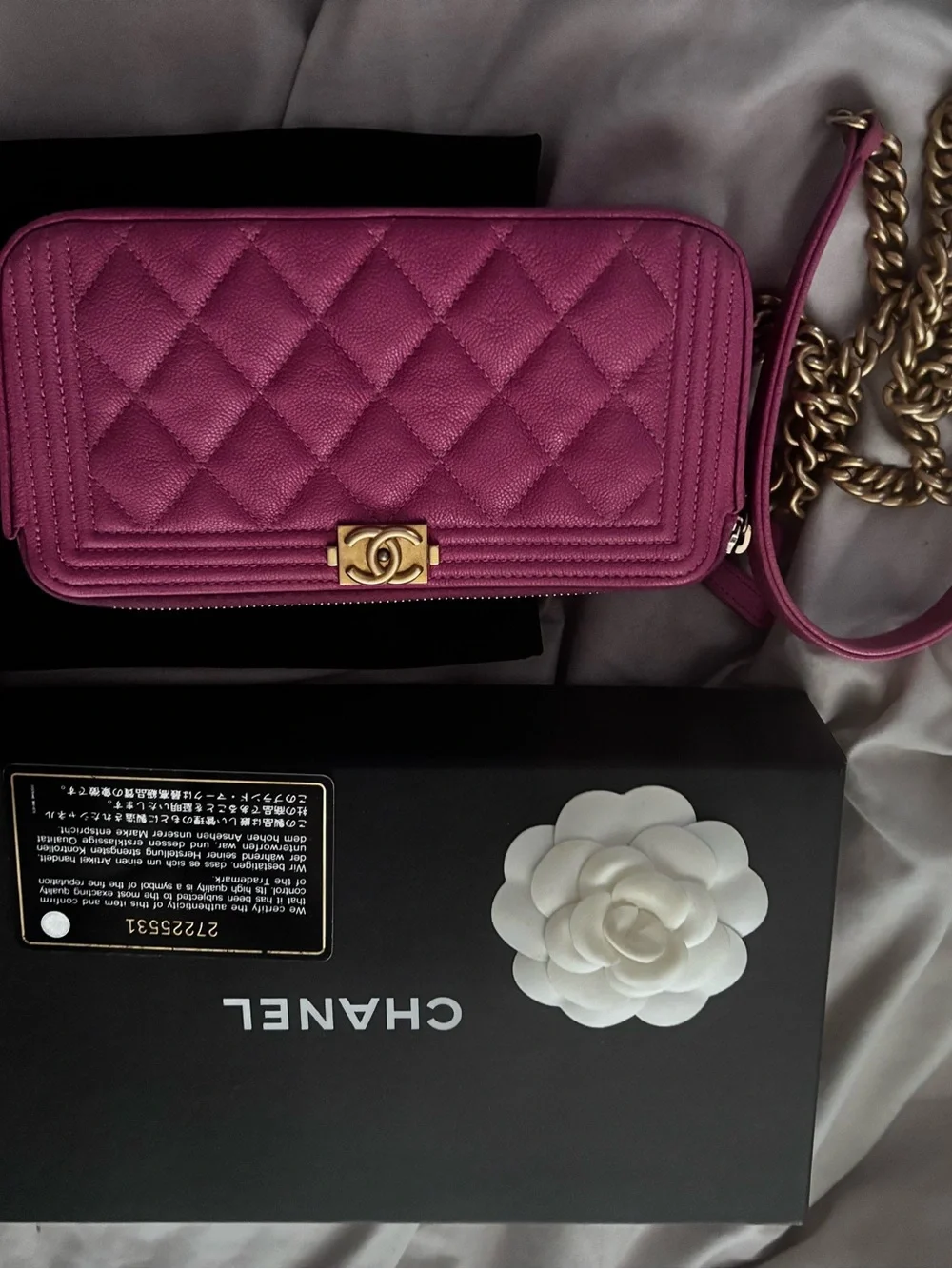 CHANEL Hot Pink Quilted Leather WOC Crossbody with Gold Chain and Box